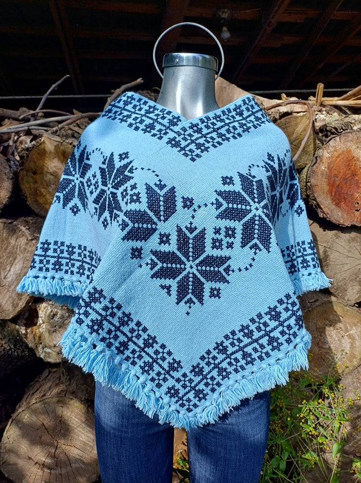 Handmade Blue Coat Mexican Shawl Rebozo for Winter