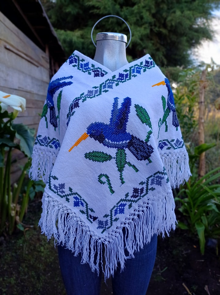 Handmade Blue Bird Coat Mexican Shawl Rebozo for Winter