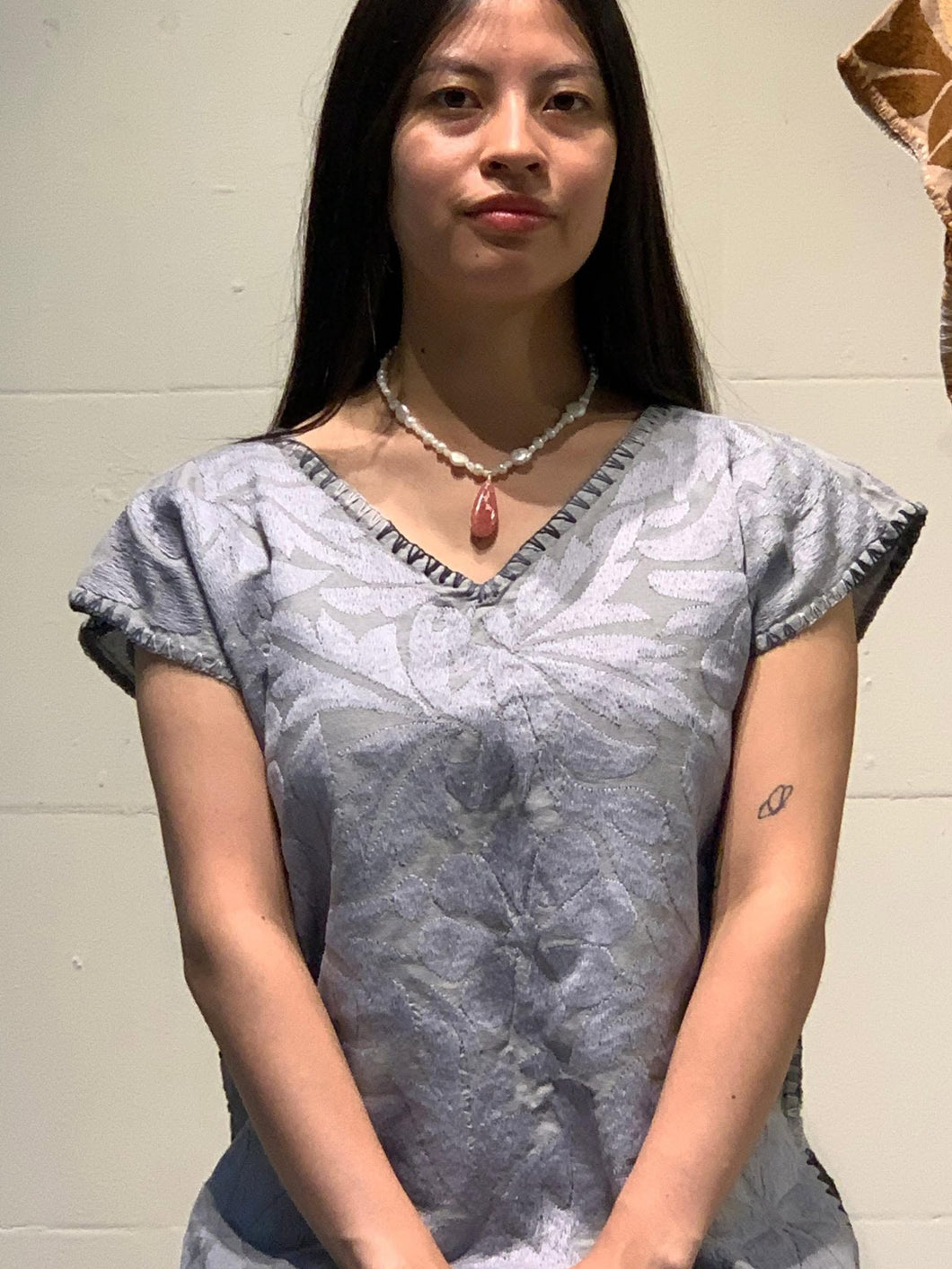 Handmade Dark Gray Color Oaxaca Embroidered Blouse