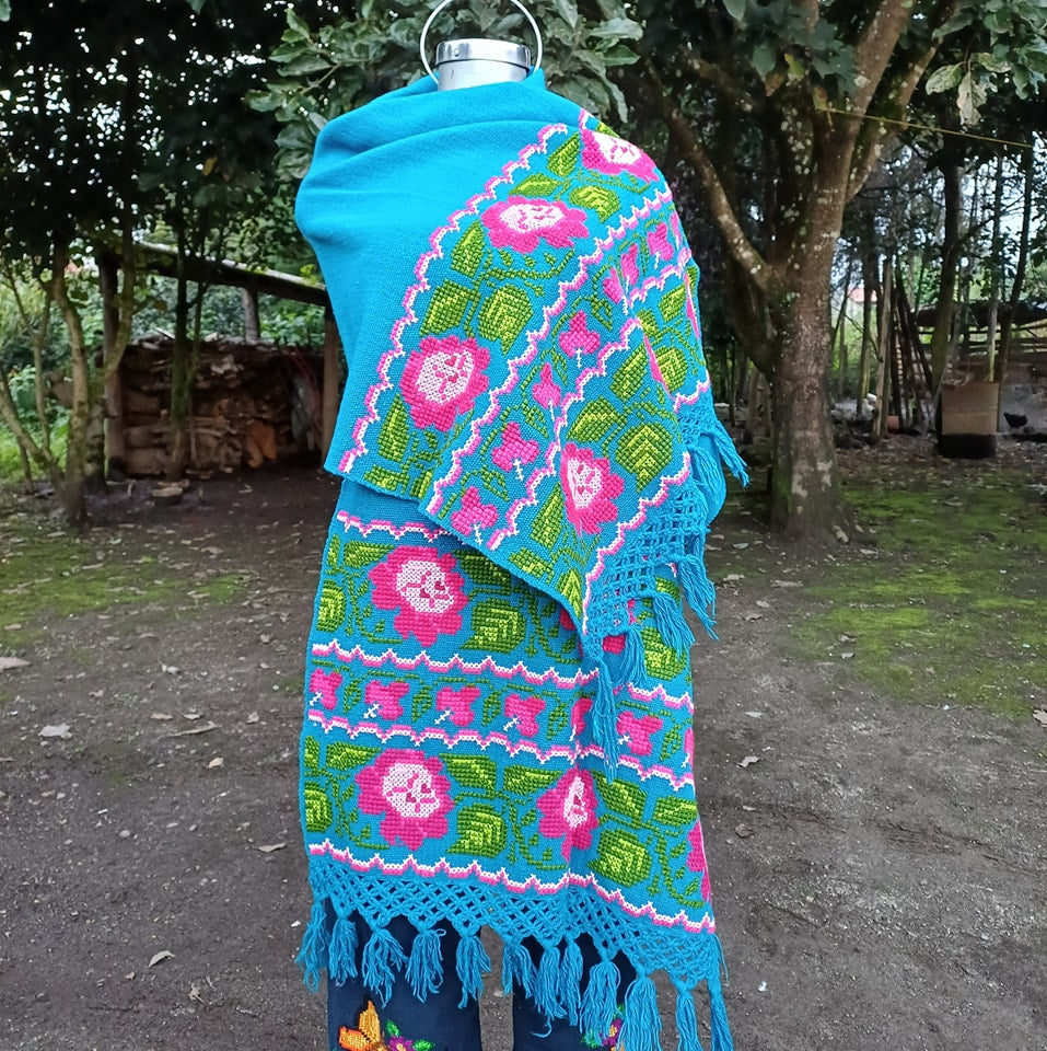 Handmade Blue Flowers Coat Mexican Shawl Rebozo for Winter