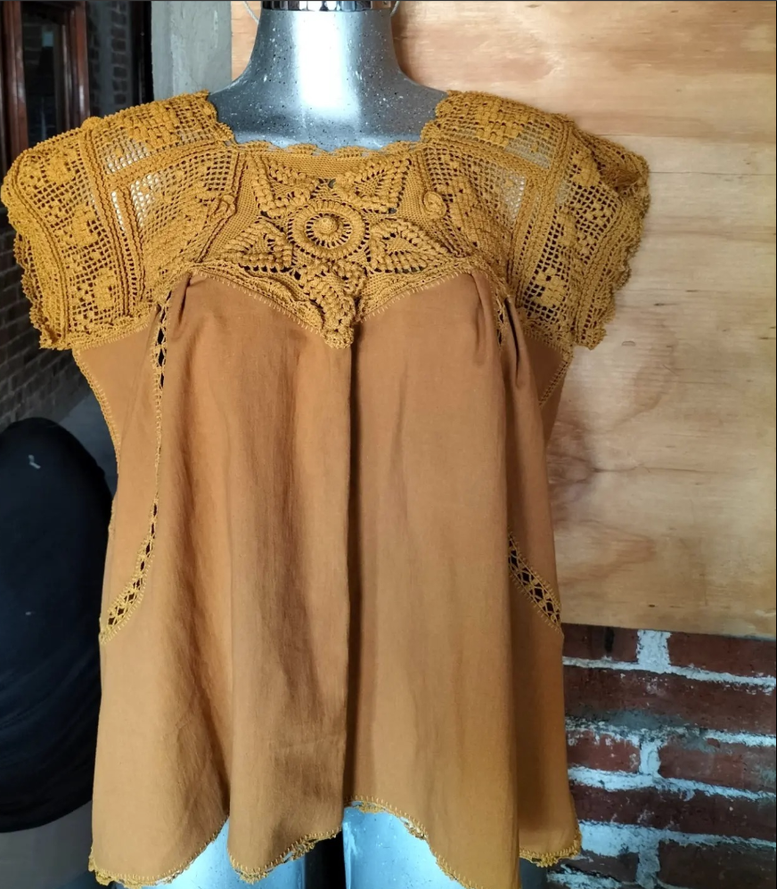 Handmade Brown Flowers Oaxaca Embroidered Blouse
