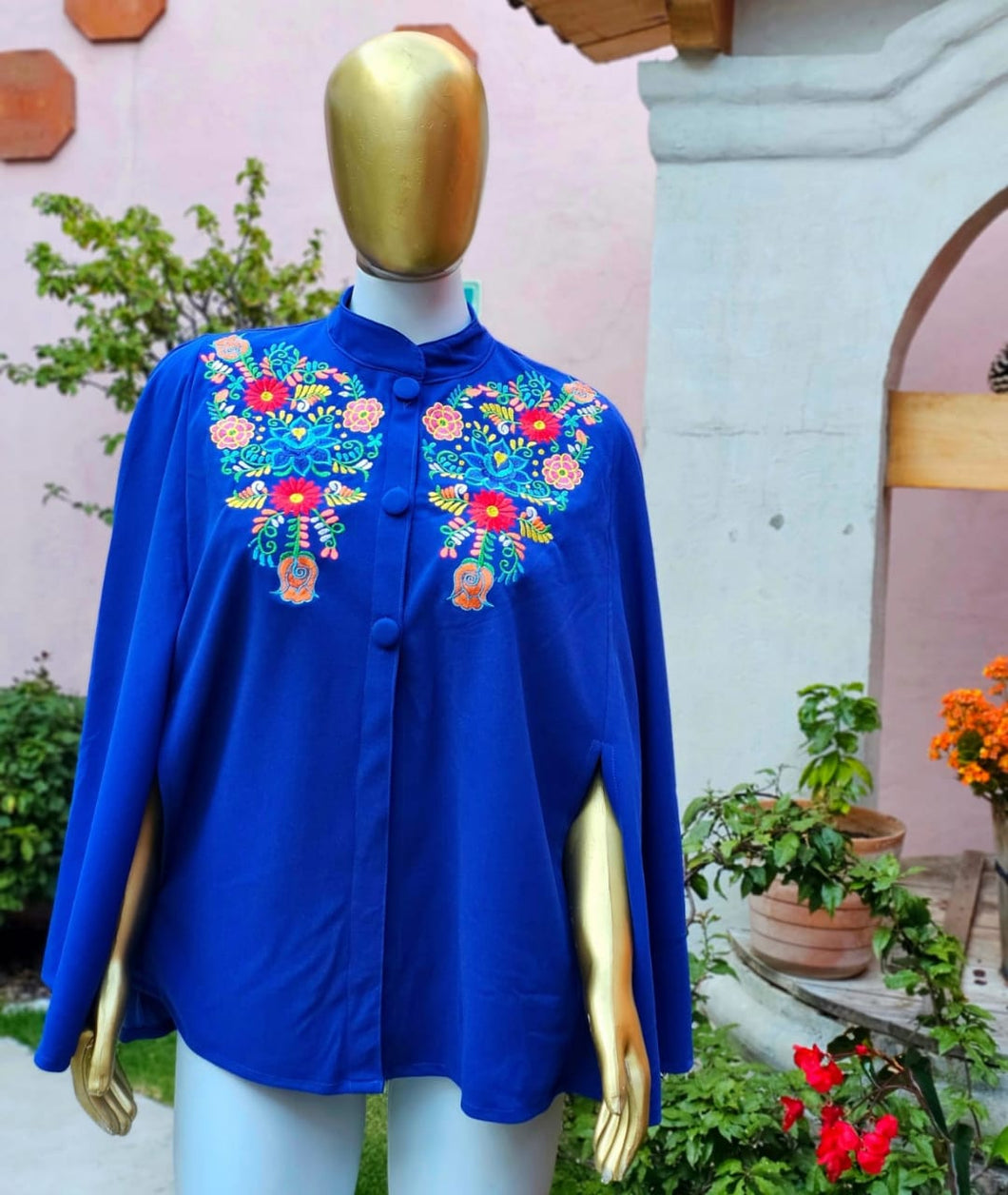 Blue Embroidered Cape Coat Made in Chiapas